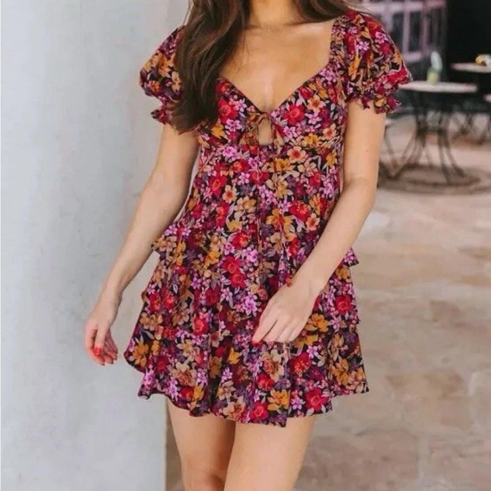 Buddy Love Floral Ruffle Mini Dress Size Med Puff Sleeve Shirred Back